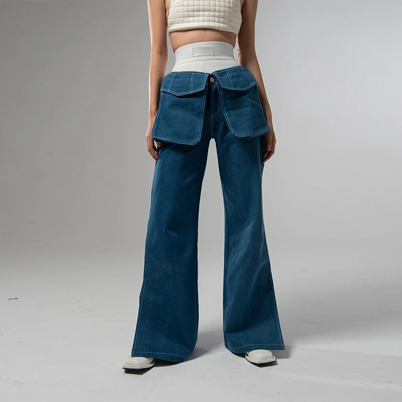 

2021 fall/winter new style niche fashion slit detachable three-dimensional pocket personality casual high-waisted straight jeans