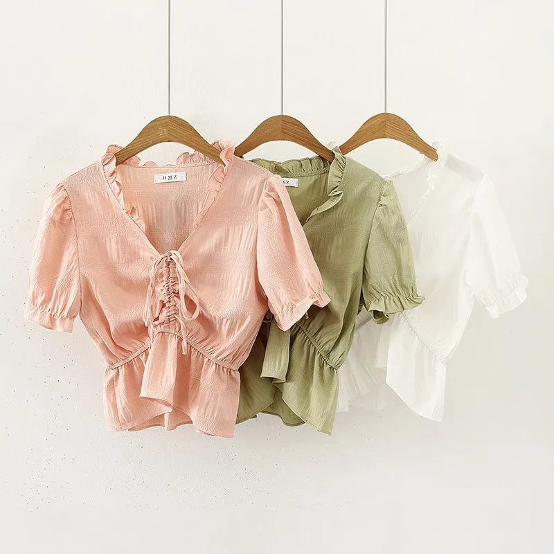 

Summer Womens Shirts Sweet Petal Sleeve Casual Blouse V Neck Slim Crop Tops Drawstring Fashion Short Shirt