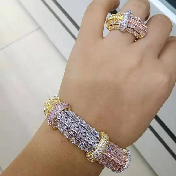 3 Tone GODKI, роскошные африканские браслеты, кольца, наборы, модные, Дубай, серебряные, Свадебные Ювелирные наборы для женщин, свадебные brincos para as mulheres - Окраска металла: 3 Tone