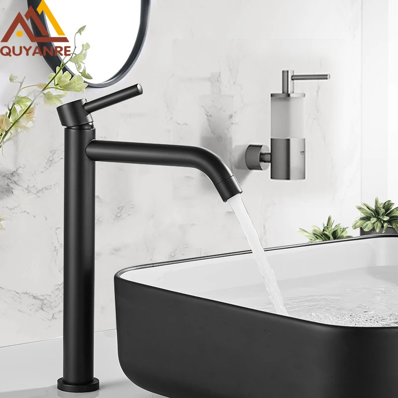 

Quyanre Black Chrome Tall Basin Sink Faucet Slim Bathroom Washbasin Water Mixer Tap Hot Cold Water Basin Crane Tap Bathroom Tap