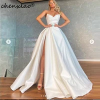 chenxiao off white evening dresses strapless high slit a line deep v neck mono saudi arabian modern formal party gown