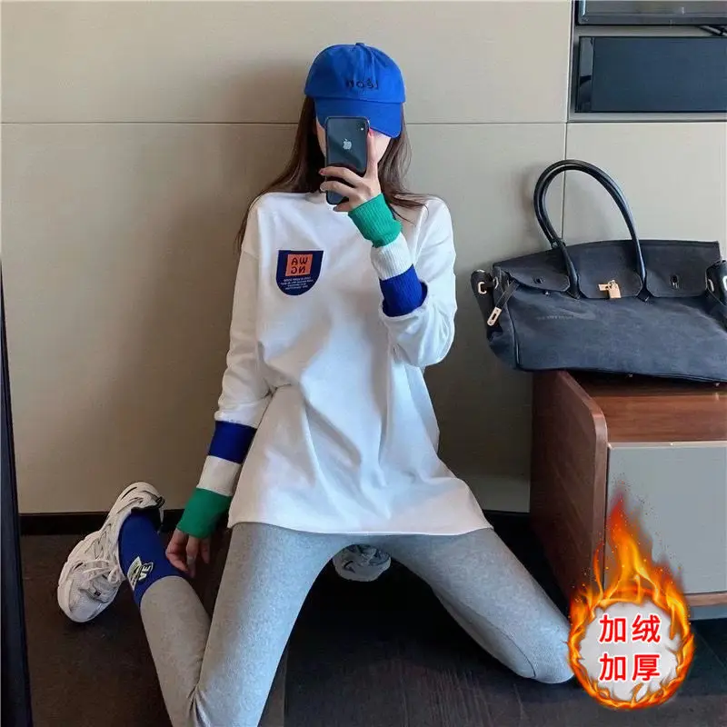 

Autumn and winter new long sleeve T-shirt loose top medium length net red plush bottom coat