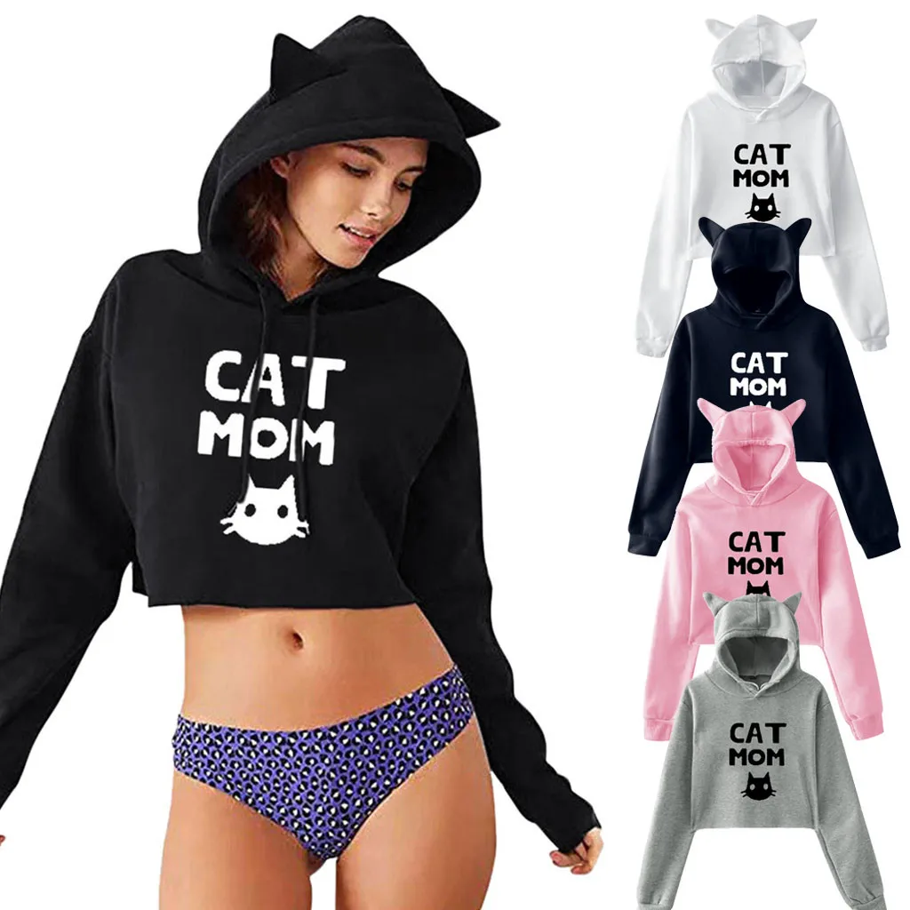 Женский Зимний пуловер с капюшоном и кошачьими ушками|Женские толстовки