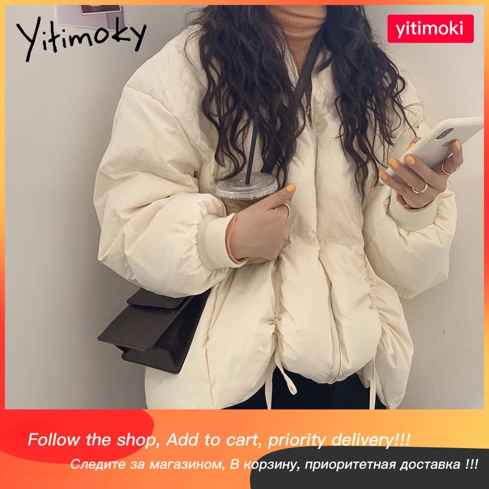 

Yitimoky Woman Jacket White Duck Down Coat Black. Beige Winter New Zippers Warm Drawstring Pleated Parkas Korean Fashion Outwear