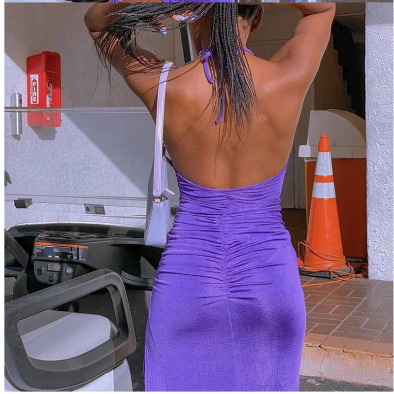 

2021 Summer Women Split Dress Sling Halter Irregular New Fashion Backless Drawstring Sexy Slim Female Beach Holiday Party Dress