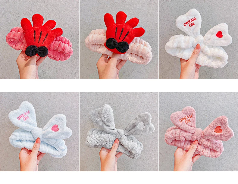 

High Quality Charm Fashion Big Palm Heart Shape Letters Bow-knot Elastic Hairbands Wash Face Headband Coral Fleece Headwear