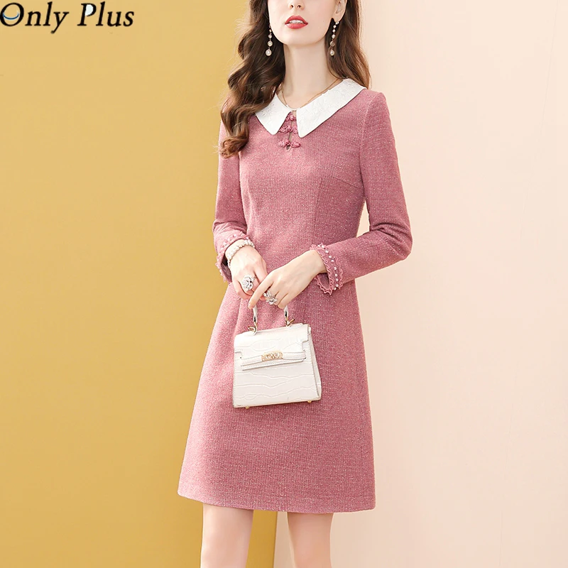 

EVNISI Winter Slim A-line Pink Dresses Peter Pan Collar Sweet Woolen Dress For Women Mid-length Long Sleeves Party Vestidos