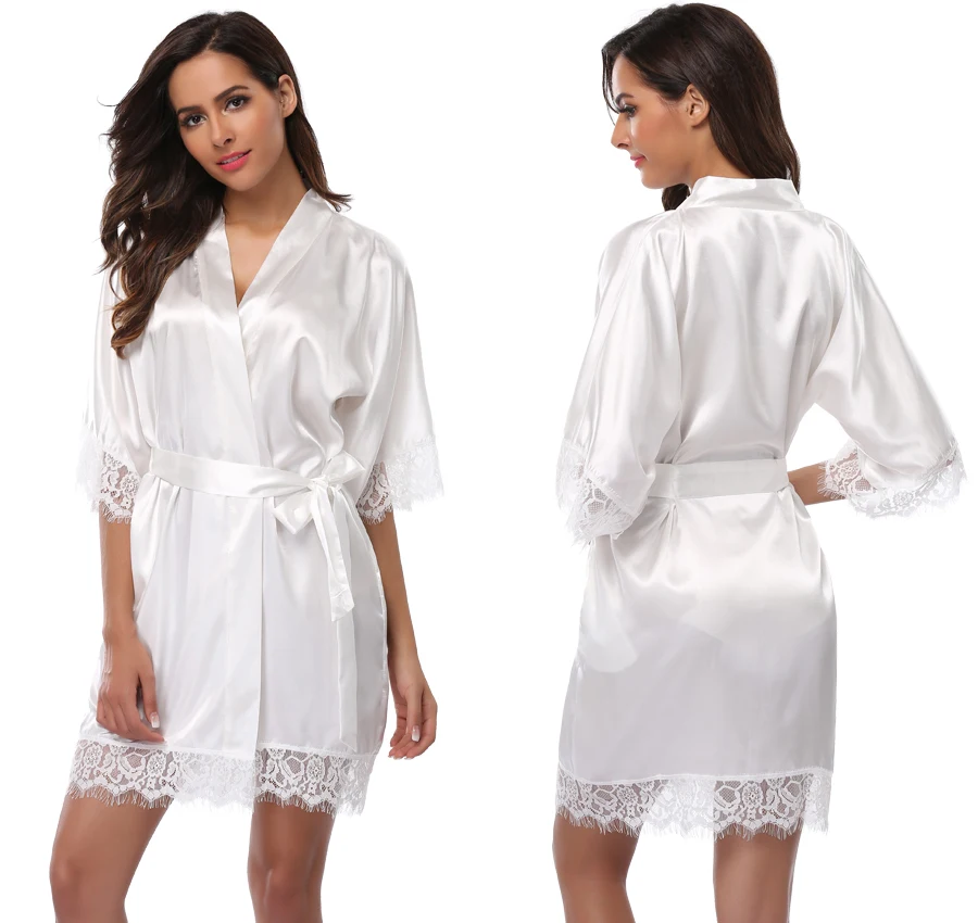 

Witbuy Bathrobe Women Silk Satin Short Wedding Bride Bridesmaid Robe Kimono Rayon Lace Nightgown Women‘s Pajamas Sexy 2020 New