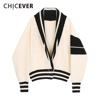chicever patchwork coat for women v neck lantern long sleeve striped hit color knitting cardigan female 2020 autumn new style