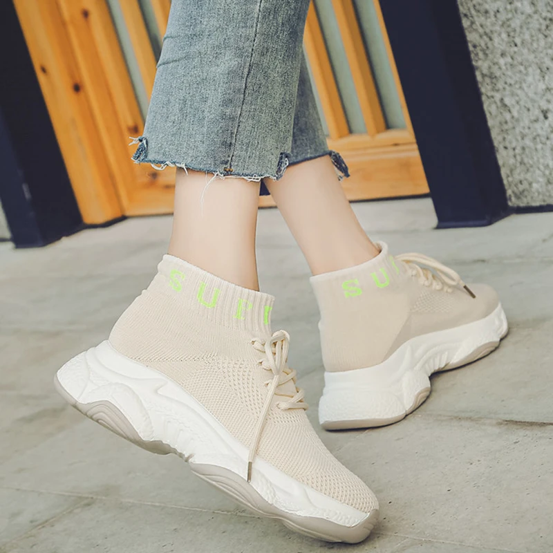 Rimocy Autumn Pink Sneakers Women 2019 New Knitting Lace Up Sock Shoes Woman Casual Walking Thick Bottom Zapatos De Mujer | Обувь