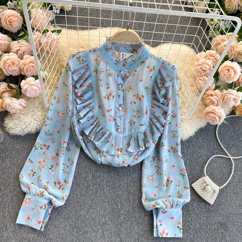 

Новинка сезона весна-осень 2021, женская Свободная блузка LUKAXSIKAX с длинным рукавом, милая плиссированная шифоновая рубашка с оборками и цветоч...