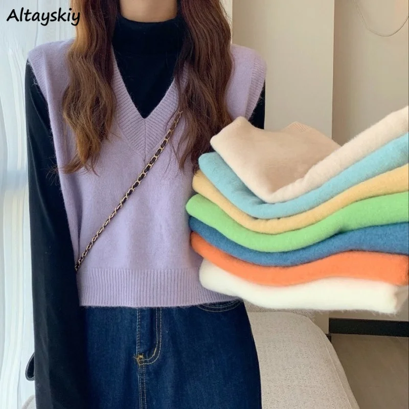 

Candy Solid Sweater Vests Women Kawaii Trendy Gentle Spring Autumn New Sleeveless Sweaters Streetwear Simple Ulzzang V-neck Tops