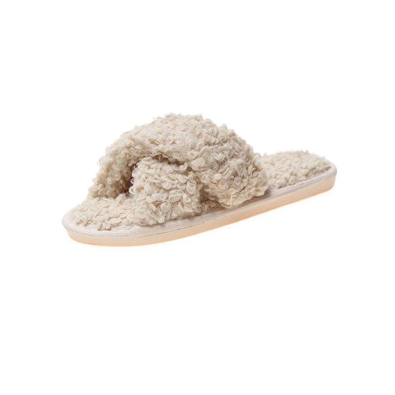 Пушистые тапочки с перекрестными ремешками Модные женские пушистые домашние для