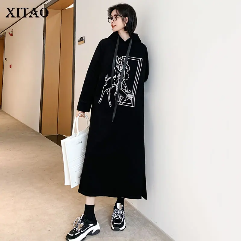 

XITAO/толстовки с принтом; Модные новые черные свободные толстовки с длинными рукавами размера плюс; Коллекция осень 2021 года; Элегантные плисс...