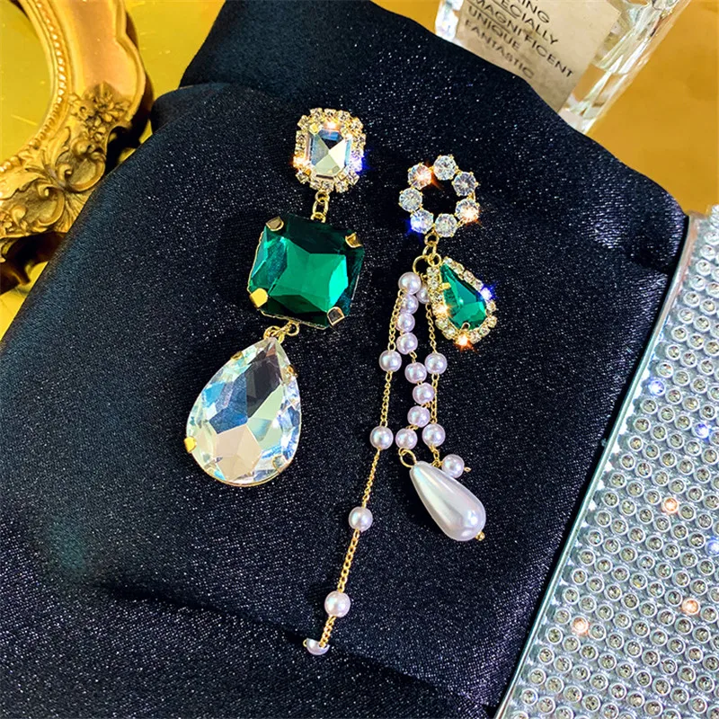 FYUAN Long tassel Green Crystal Asymmetry Earrings Korean Transparent Water Drop for Women Wedding Jewelry Gifts | Украшения и