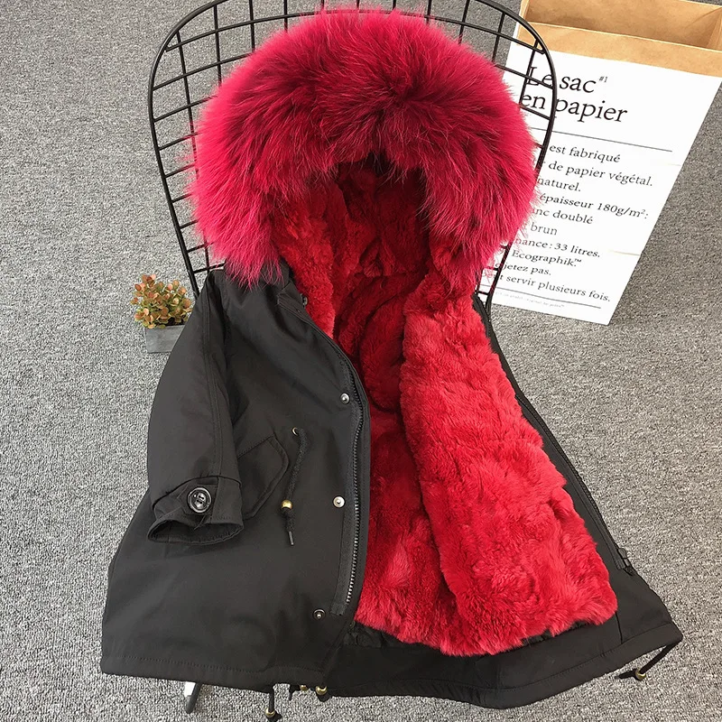 black coat red fur Детская одежда зимняя парка с натуральным мехом енота, большой пуховик с капюшоном из меха кролика рекса для девочек, зимняя куртка - Цвет: black coat red fur
