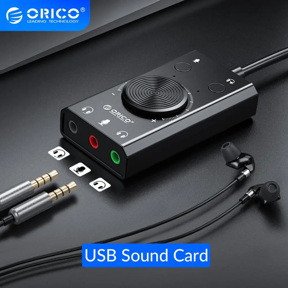 

ORICO Portable USB Sound Card for Microphone Earphone 2 in 1 With 3 Port Output Volume Adjustable External For Windows Mac Linux