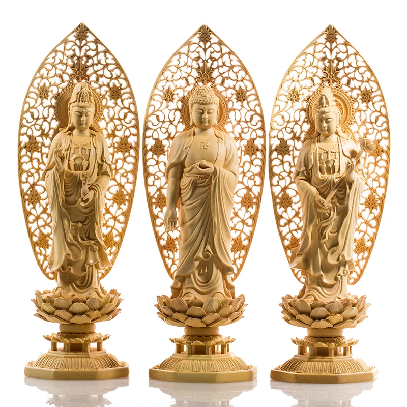 29 см три Будды статуя резьба по дереву сплошное домашнее украшение ремесло фэн