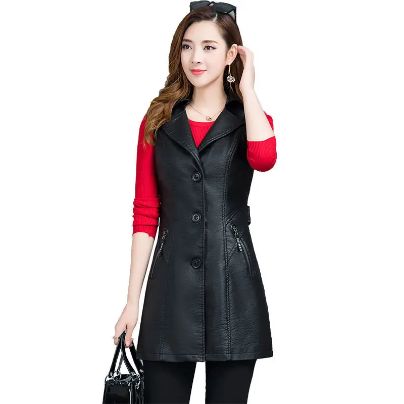 

Women Black PU Leather Vest 2021 New Female Spring Autumn Leather Vest Ladies Leather Jacket Women's Leather Coat 4XLB687