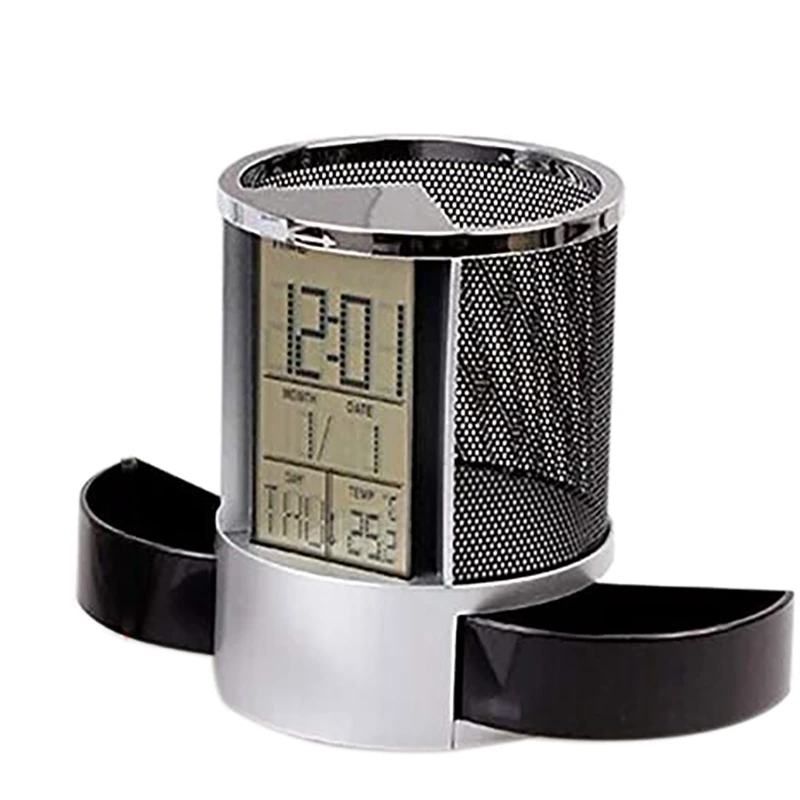 

Digital Pen Holder, LCD Desk Alarm Clock Mesh Pen Holder Calendar Timer Temperature Calendar Table 2 Small Drawers