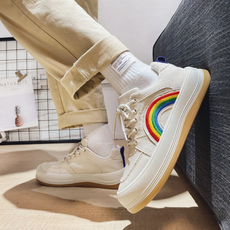 Japanese Rainbow Embroidery Canvas Sneakers Women Flats Platform Skateboard Shoes Men Comfortable Couple Black Canvas Sneakers