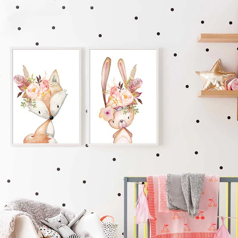 Baby Girl Gift Nursery Decoration Woodland Animals Posters Print Watercolor Flowers Animal Canvas Painting Wall Pictures | Дом и сад