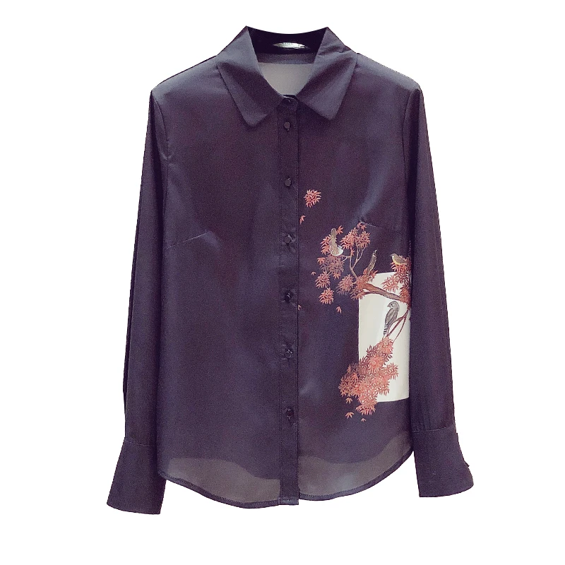 

Printed black long-sleeved shirt ladies early spring 2021 new design sense retro fashion commuter top