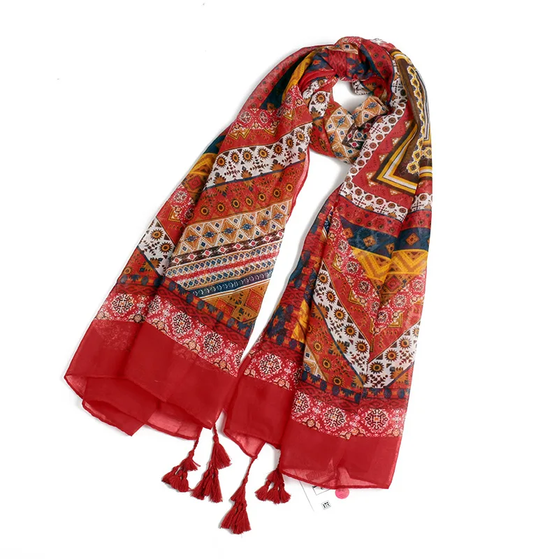 

Autumn Thin Scarf Tassels Retro Literature Art Ethnic Style Totem Cotton Linen Sunscreen Shawl Seaside Beach Scarf Women Wraps