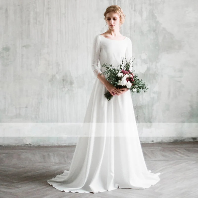 Мягкое атласное простое свадебное платье с длинным рукавом женское цена по