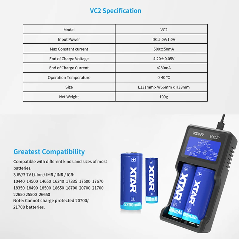 XTAR Зарядное устройство ЖК дисплей VC2 SC2 VC2S MC2 плюс USB Батарея для 20700 21700 18700 22650 25500