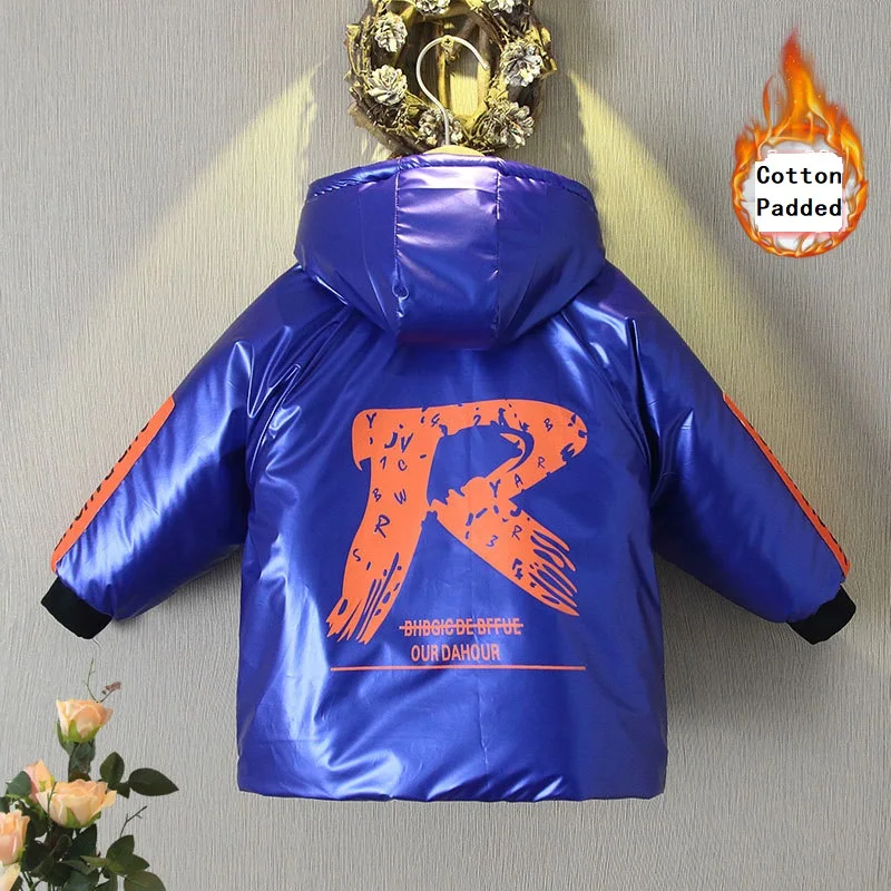

Winter Fleece Hooded Windbreaker Warm Cotton Padded Child Coat Letter Printing Baby Boy Jackets Children Outerwear 2-10 YearsOld