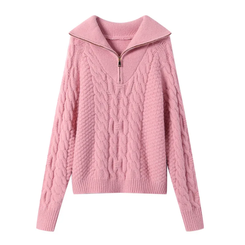 

Fashion thick high neck zipper pullover sweater women loose long sleeve women pure color knitted pullover autumn and winter