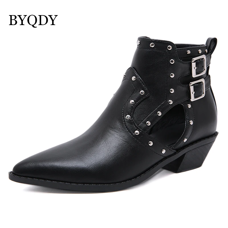 BYQDY Sexy Rivets Autumn Ankle Boots For Woman Cow Leather Chunky Heel Zipper Ladies Booties Buckle Solid Black Short | Обувь