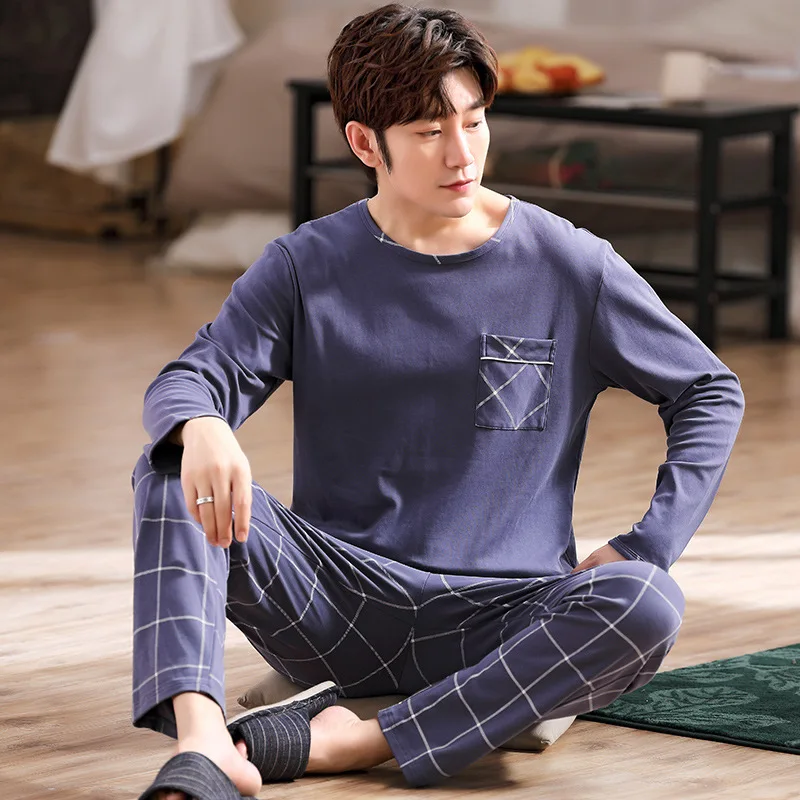 

25-Color Puls Size Men Casual Pajamas Round Neck Loose Long-Sleeved Trousers Printed Summer Home Service Pajamas Set