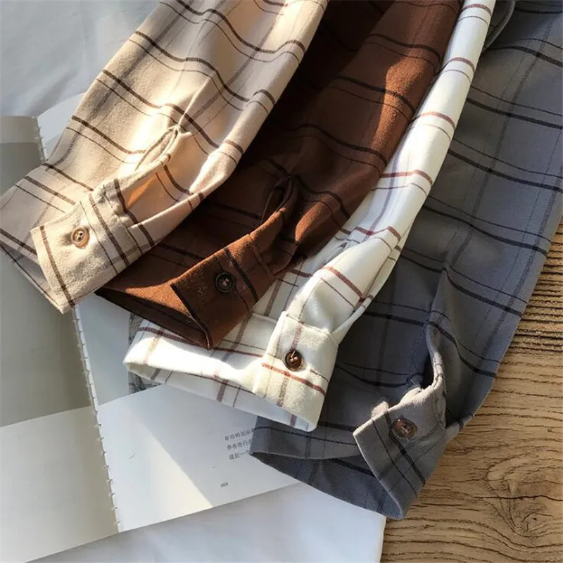 Женская клетчатая блузка с длинным рукавом Повседневная Свободная хлопковая в