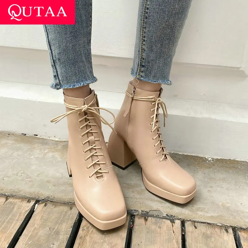 

QUTAA 2022 Women Ankle Boots Square High Heel Lace Up Square Toe Women Black Platform Black Ladies Motorcycle Boots Size 34-39