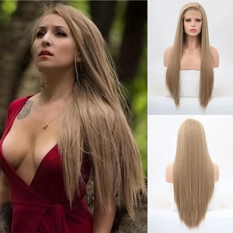 

Парики AIMEYA с прямыми кружевами спереди, с боковой частью, длинные светлые ясень, для женщин, высокотемпературные волосы из волокна, повседне...