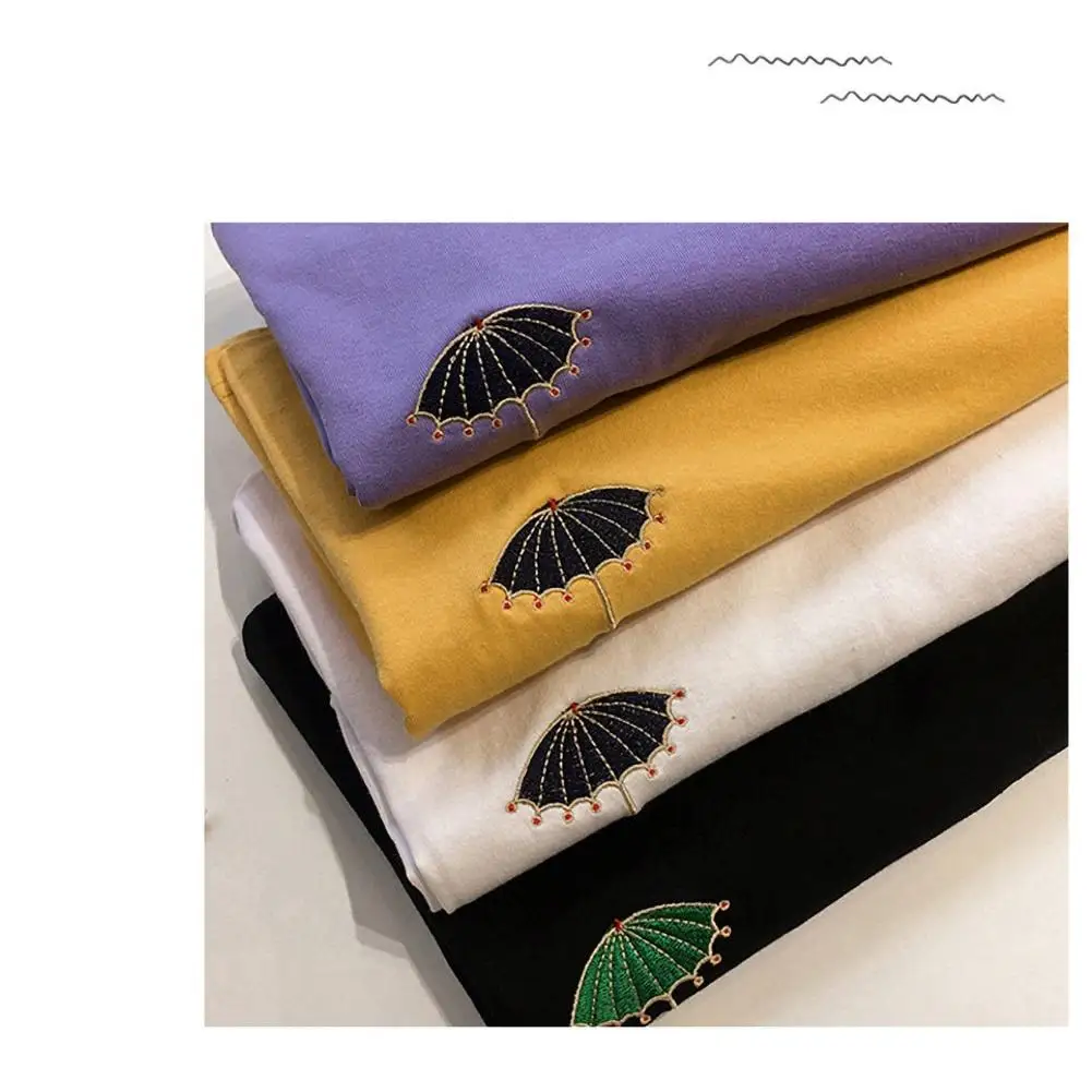 

Summer Cotton T Shirt Embroidery Umbrella Women Aesthetic Tshirt O-neck Short Sleeve T-shirt 2XL Tops