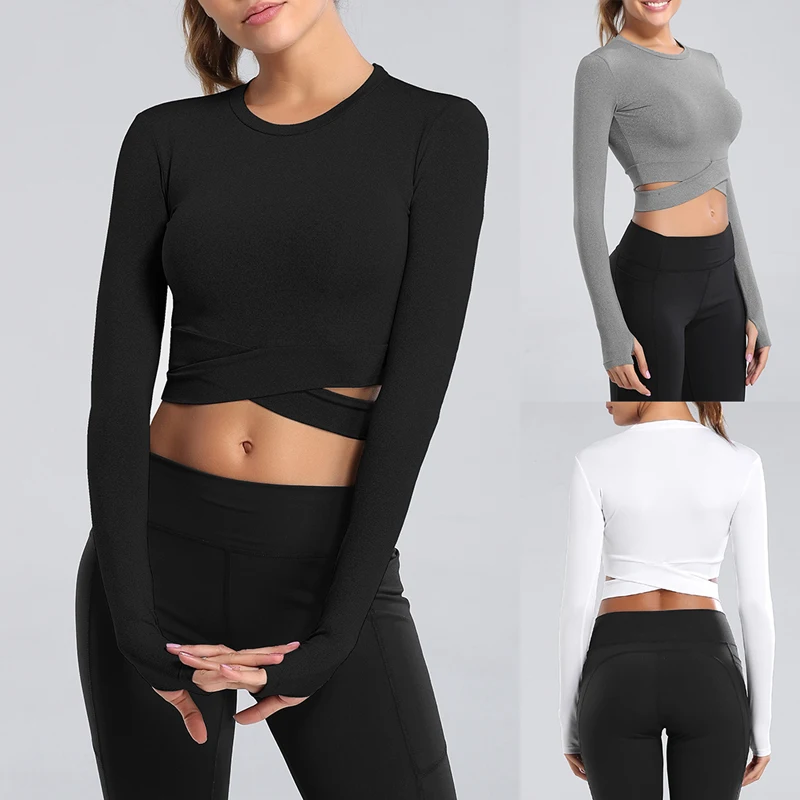 

Women Long Sleeve Running Shirts Sexy Exposed Navel Yoga T-shirts Solid Sports Shirts Quick Dry Fitness Gym Crop Tops Sport Wear