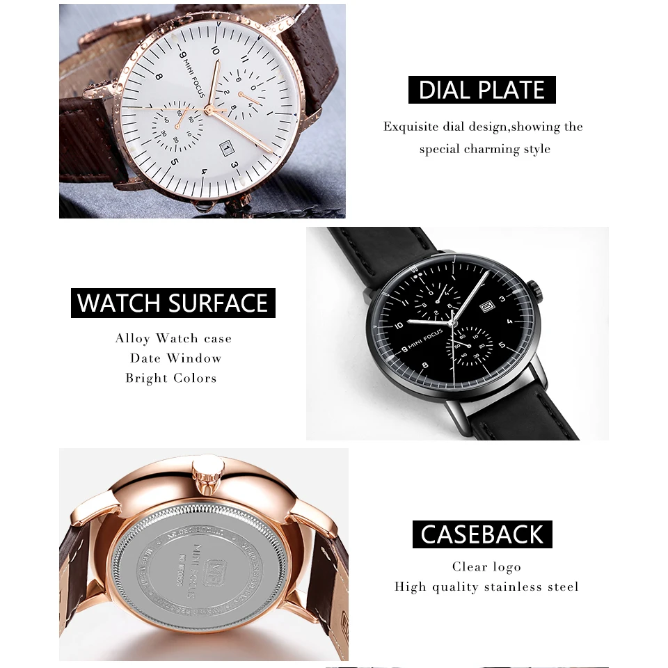 Мужские кварцевые часы с ремешком из натуральной кожи и отображением даты |