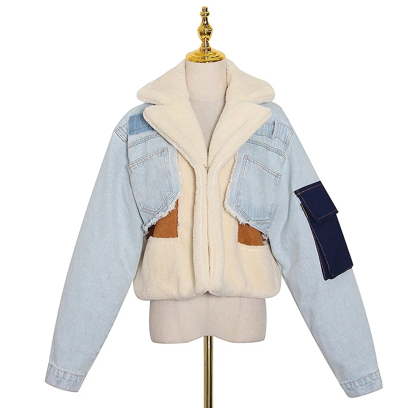 

VGH Patchwork Hit Color Lambswool Jacket For Women Lapel Long Sleeve Casual Short Winter Jackets Female Fashion Clothing Tide