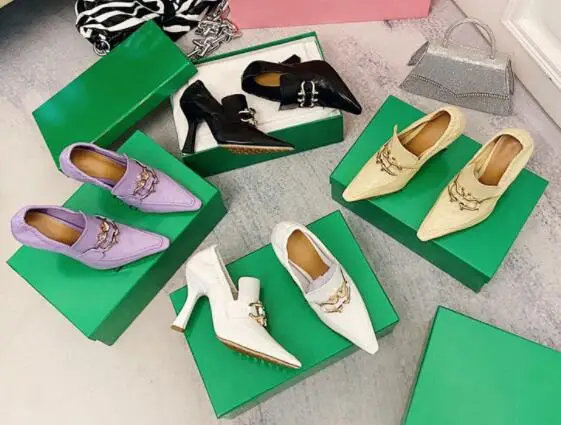 

Moraima Snc Metal Decorations High Heel Shoes Sexy Pointed Toe Strange Heels Woman Pumps Leather Party Dress Shoe