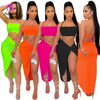 Neon Green Solid Twist Skirt Set Spaghetti Straps Backless Crop Top + High Waist Slit Skirt 2021 Summer Club Party 2 Piece Set 1