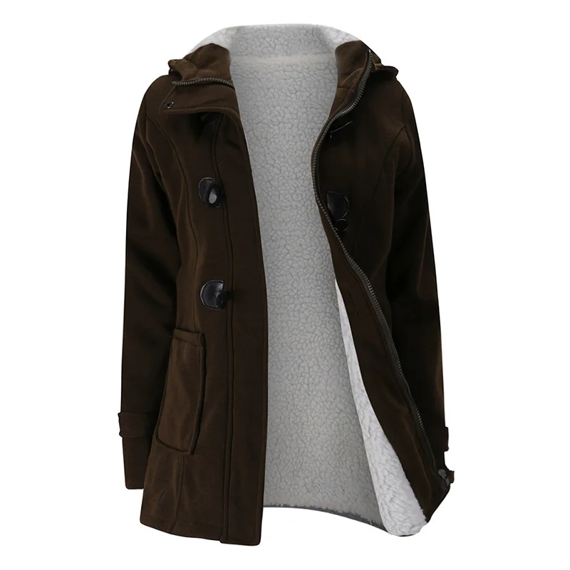 coffee ANSELF Parka пальто женское с капюшоном Дафлкот куртка из искусственного меха Подкладка Пряжка молния спереди плюс размер теплая зимняя повседневная верхняя одежда - Цвет: coffee