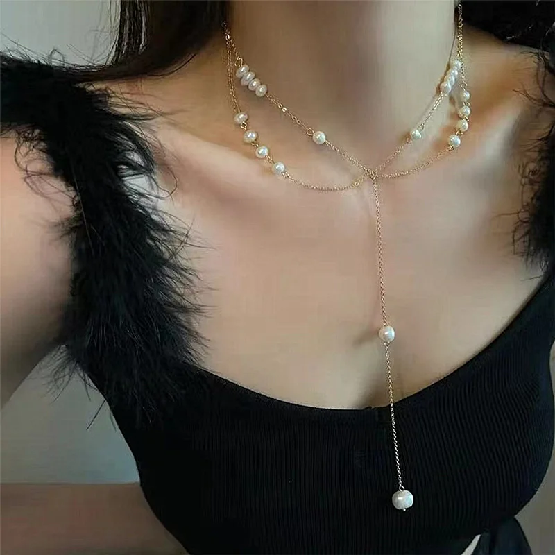Барокко натуральное пресноводное жемчужное ожерелье двойной Слои Tassel Pendant