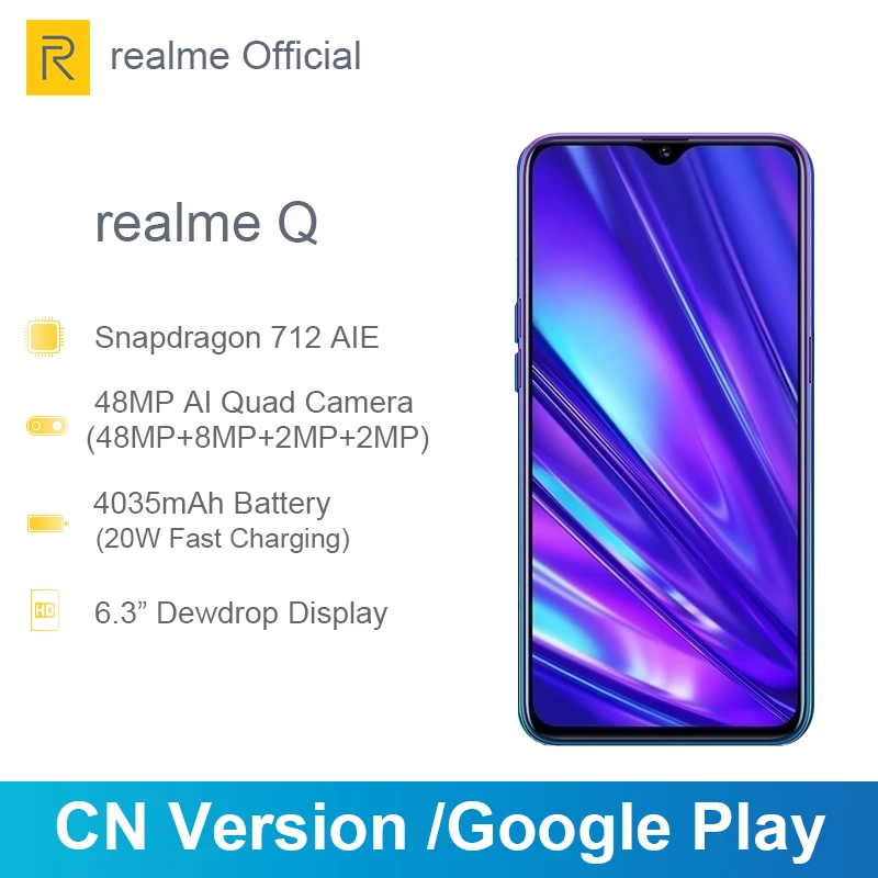 Realme Q 6 ГБ ОЗУ 64 Гб ПЗУ 3 ''мобильный телефон Snapdragon 712AIE Восьмиядерный 48MP
