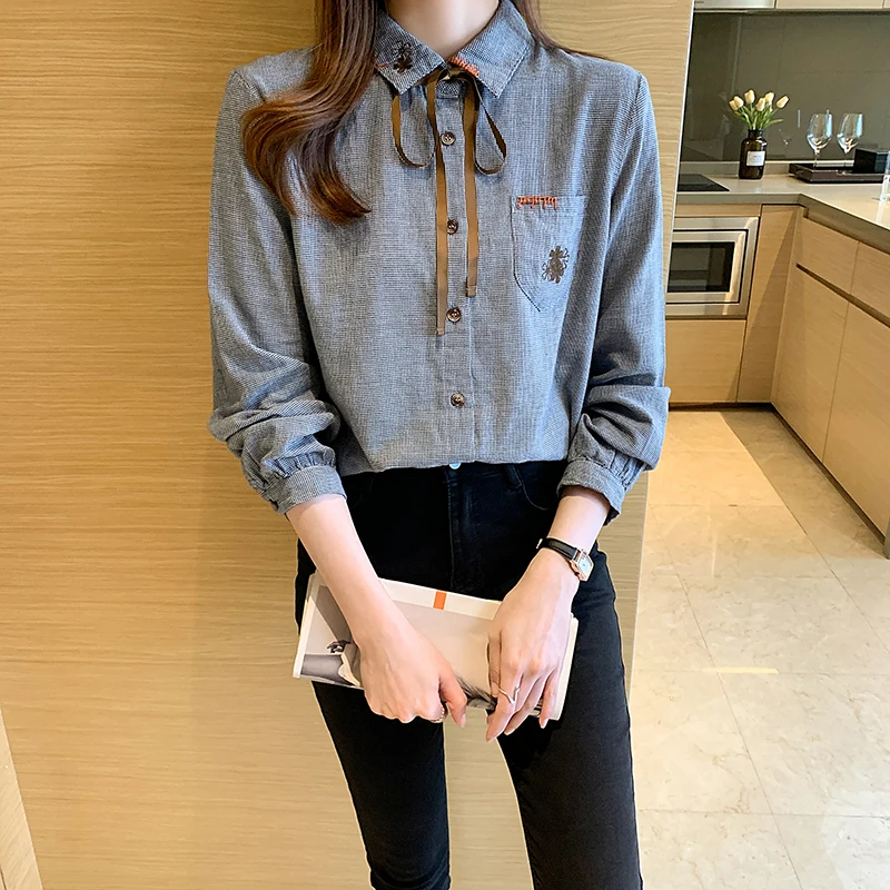 

Chiffon Loose Women's Shirts New Fashion Blouses Embroidery Bow Tie Shirts Autumn Casual Long Sleeve Blusas Houthion