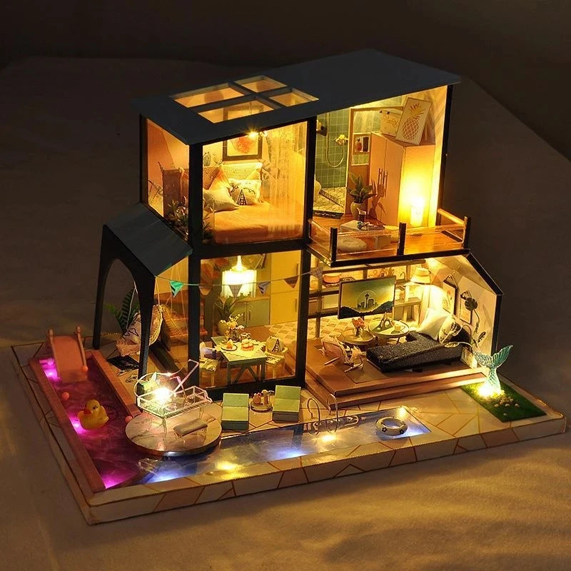 

DIY Ocean View Villa Dollhouse 3D Wooden Miniature Handmade Furnitures Doll House Model Building Kits Toys For Children gifts