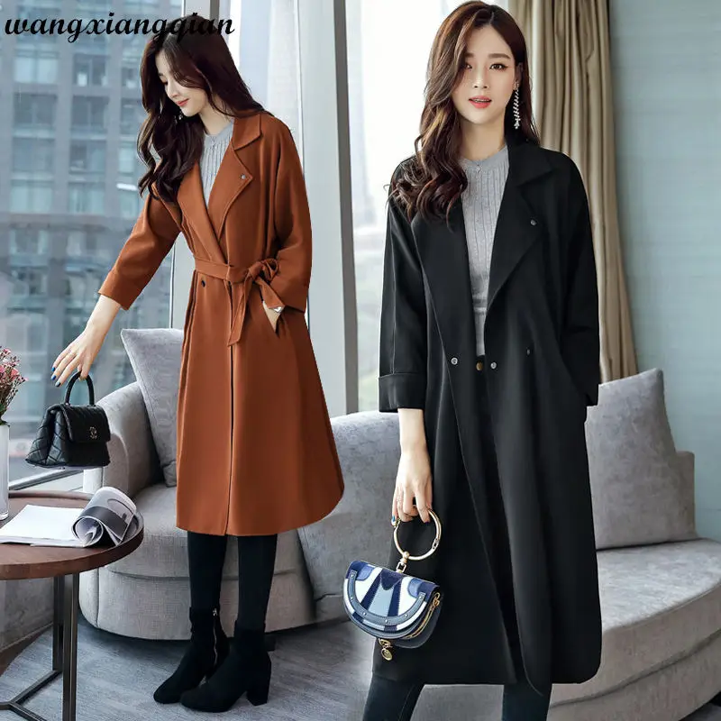 

Large Size Casual Women's Trench Coats Spring Autumn New Temperament Mid-length Slim Raglan Sleeve Pockets Tie Windbreaker Z94