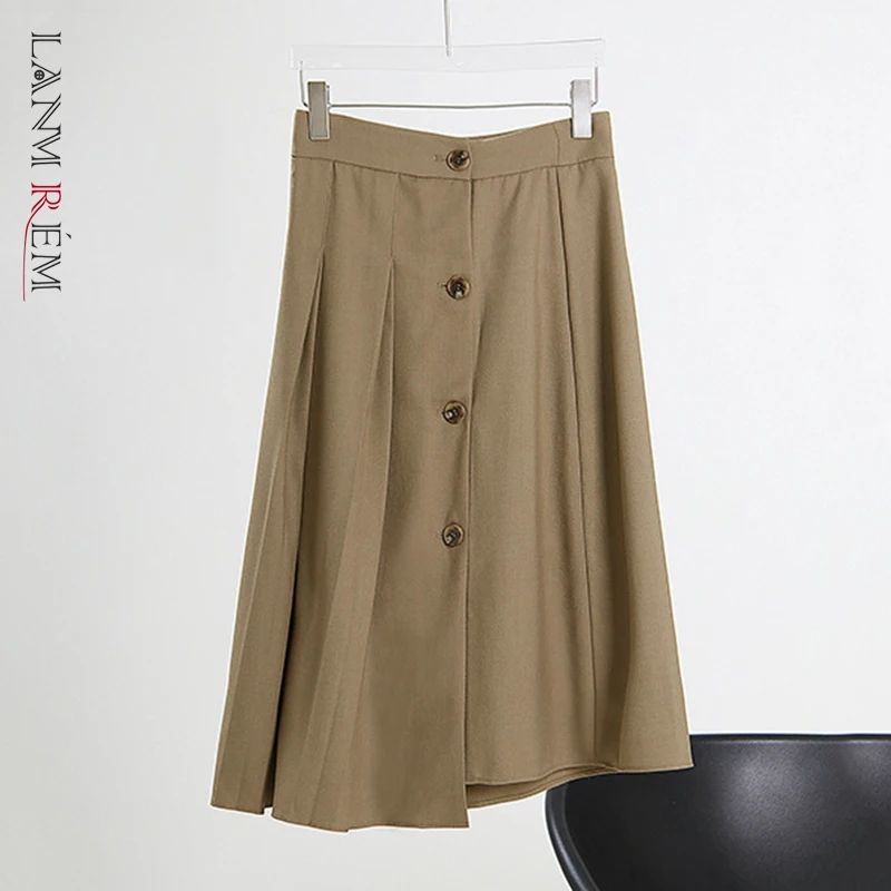 

LANMREM Spring Autumn New Female High Waist Button Decoration Asymmetric Design Skirt Women Fashion Skirts 2W1333
